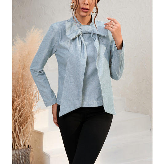 Bow Knot Long Sleeve Slim Solid Color Simple Denim Blouses Wholesale Women Top