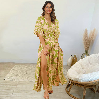 Retro Print Lotus Leaf Sleeve V-Neck Beach Flowy Dress Vacation Wholesale Maxi Dresses Slit Design