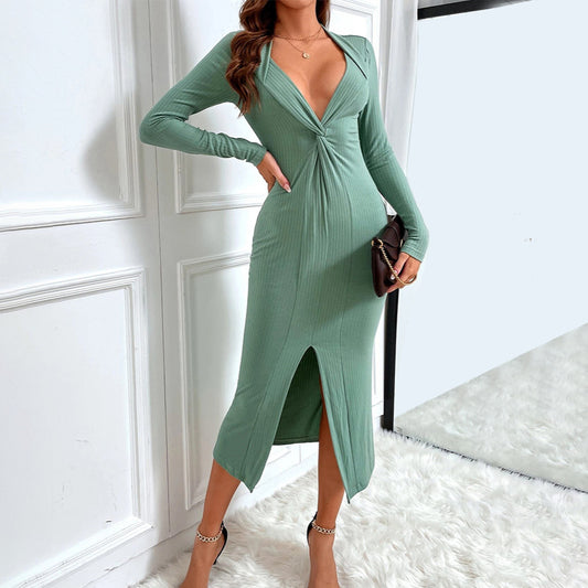 Sexy Slit Slim V-Neck Long-Sleeved Knit Dress Wholesale Dresses