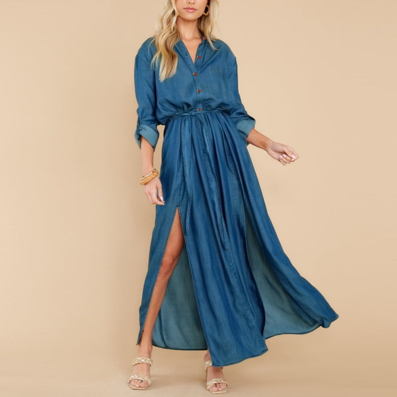 Fashion Long Sleeve Slit Denim Shirtdress Wholesale Maxi Dresses