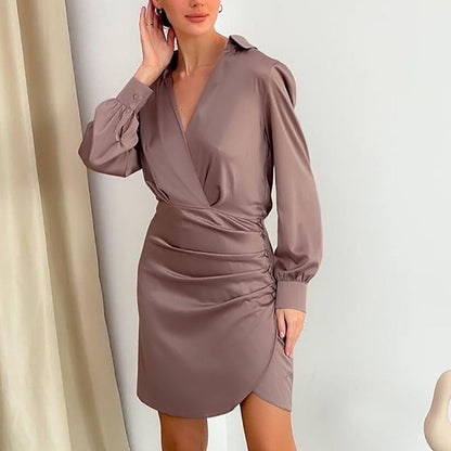 Sexy Satin Deep V Neck Dress Long Sleeve Solid Color A-Line Wholesale Dresses