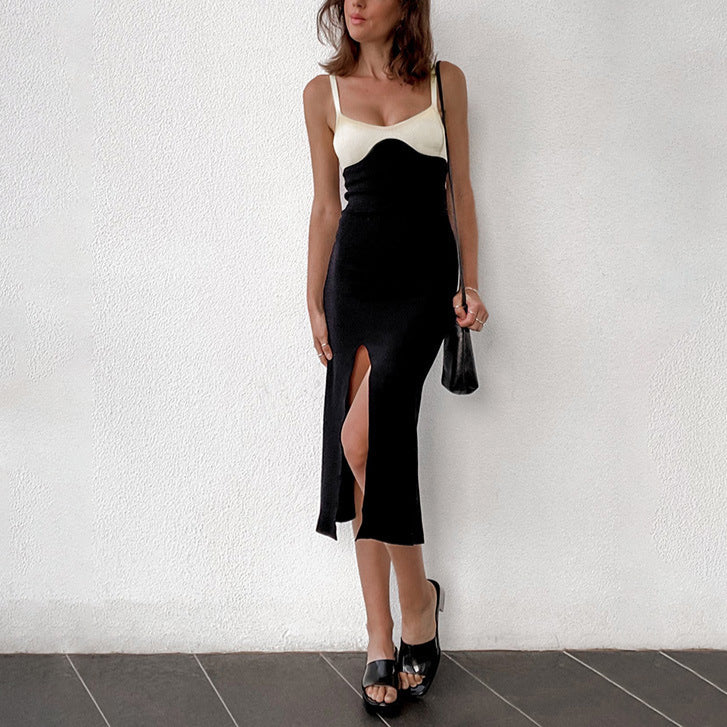 Sexy Slip Contrast Color Dress Backless Slit Midi Bodycon Wholesale Dresses