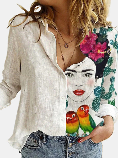 Fashion Print Long-Sleeve Linen Women'S T Shirts Elegant Wholesale Blouse Business Casual