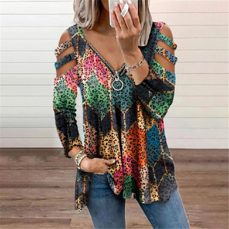 Sexy V Neck Off Shoulder Print Tops Zip Long Sleeve Loose Womens T Shirts Wholesale