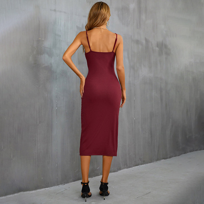 Sexy Split V-Neck Button Slim Fit Midi Sling Dress Wholesale Dresses
