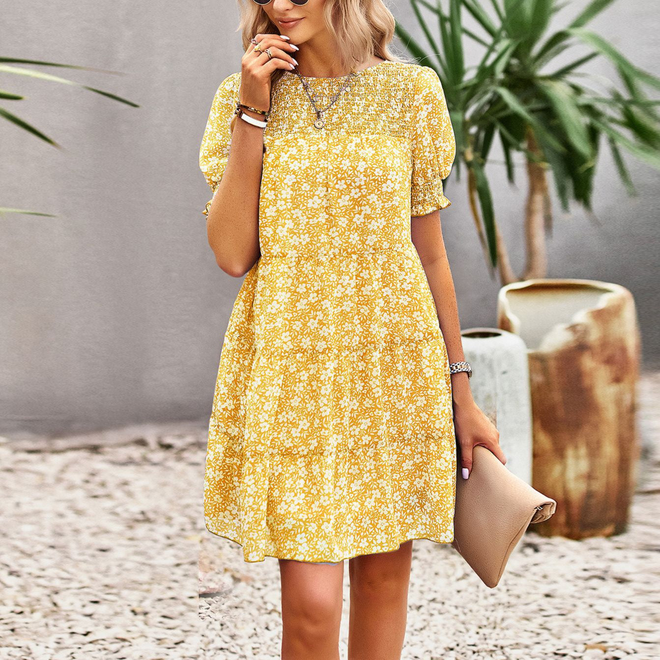 Floral Print Chiffon Printed Smocked Dress Wholesale Dresses