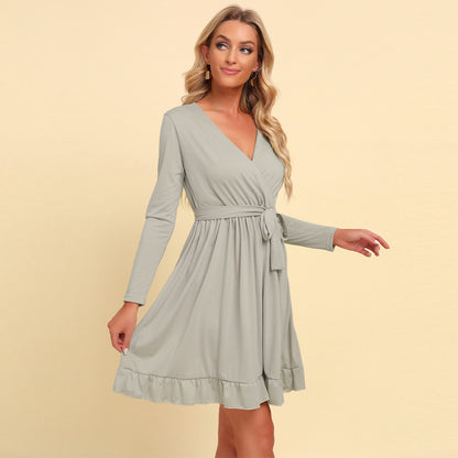 Solid Color Long Sleeve V Neck Tie Waist Wholesale Swing Dresses