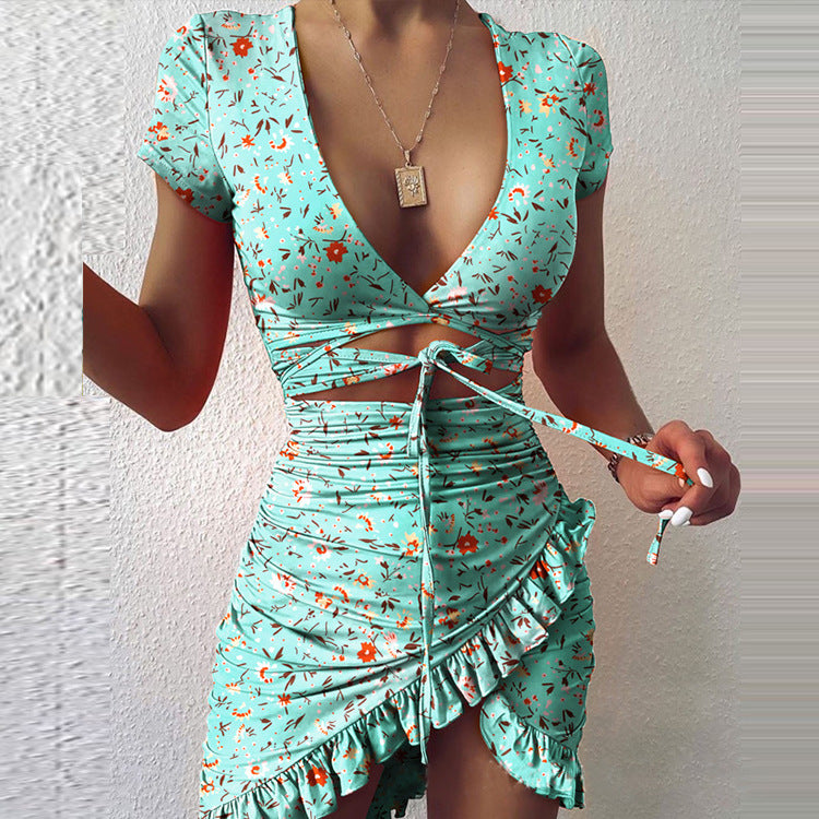 Deep-V Neck Printed Cutout Lace-Up Short-Sleeve Tight Ruffles Bodycon Dress Sexy Wholesale Dresses