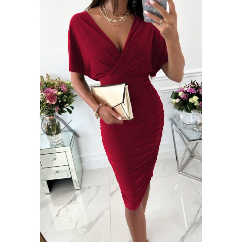 Plunge Neck Solid Color Tight Mid-Length Bag Hip Wrap Dresses Wholesale Clothing For Women