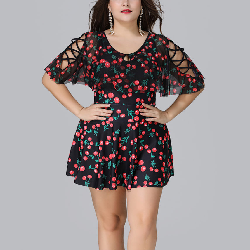 Crossover Translucent Sleeve Cherry Print Curve Swimsuits Fashion Plus Size Swimwear Wholesale Vendors