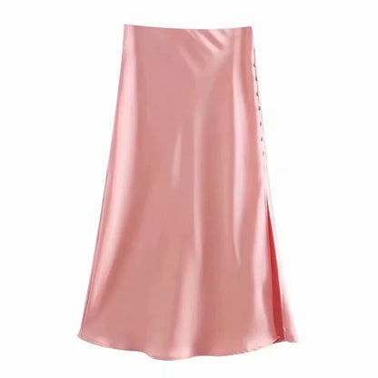 Solid Color High Waist Single Breasted Slit Slim Business Casual Women A-Line Satin Skirts Wholesale