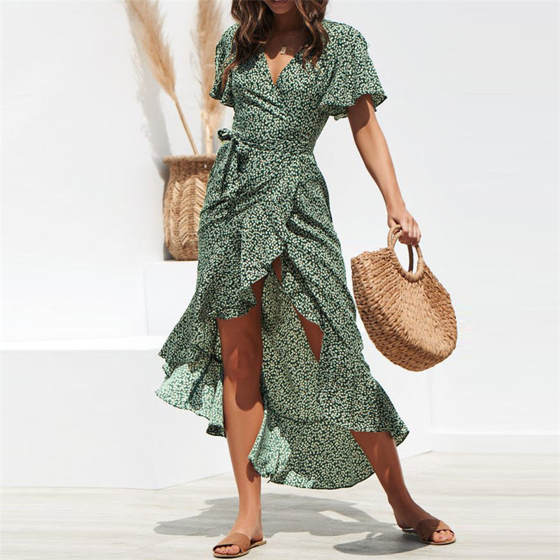 Polka Dot Print V-Neck Irregular Slit Vacation Lace-Up Chiffon Ruffle Dress Sexy Wholesale Dresses