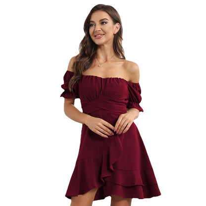 Solid Color Square Neck Puff Sleeve Tie-Up Nipped Waist Back Ruffle Dress Casual Wholesale Dresses