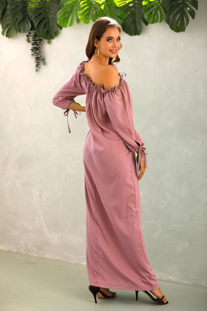 Off Shoulder Solid Color Lantern Sleeve Ruffles Loose Dress Casual Wholesale Maxi Dresses