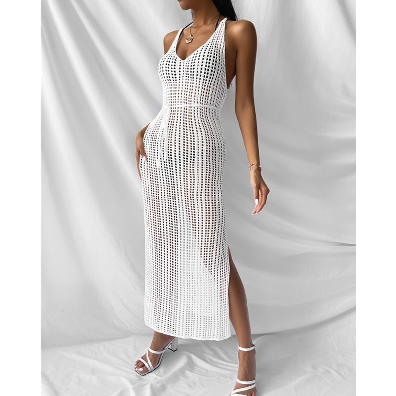 Tie Beach High Waist Knitted Sunscreen Bikini Cover Up Sexy Cutout Tank Dress Wholesale Maxi Dresses