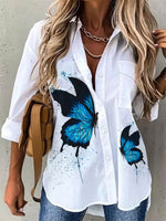 Fashion Lapel Print Tops Single-Breasted Casual Wholesale Womens Long Sleeve T Shirts