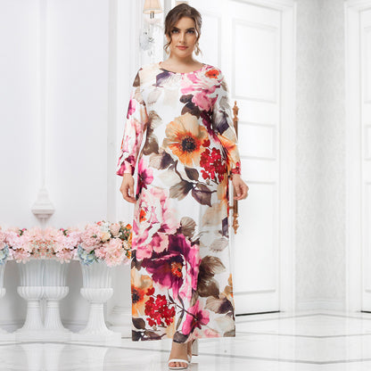 Wholesale Plus Size Women'S Clothing Long-Sleeved Round Neck Print Slim Temperament Maxi Dress