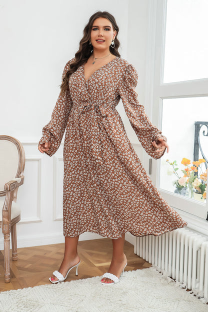 Floral Print Long Sleeve V Neck Tie Waist Wholesale Plus Size Dresses