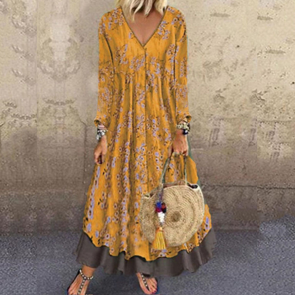 Fashion Long Sleeve Retro Print Maxi Dress V Neck Swing Loose Wholesale Dresses