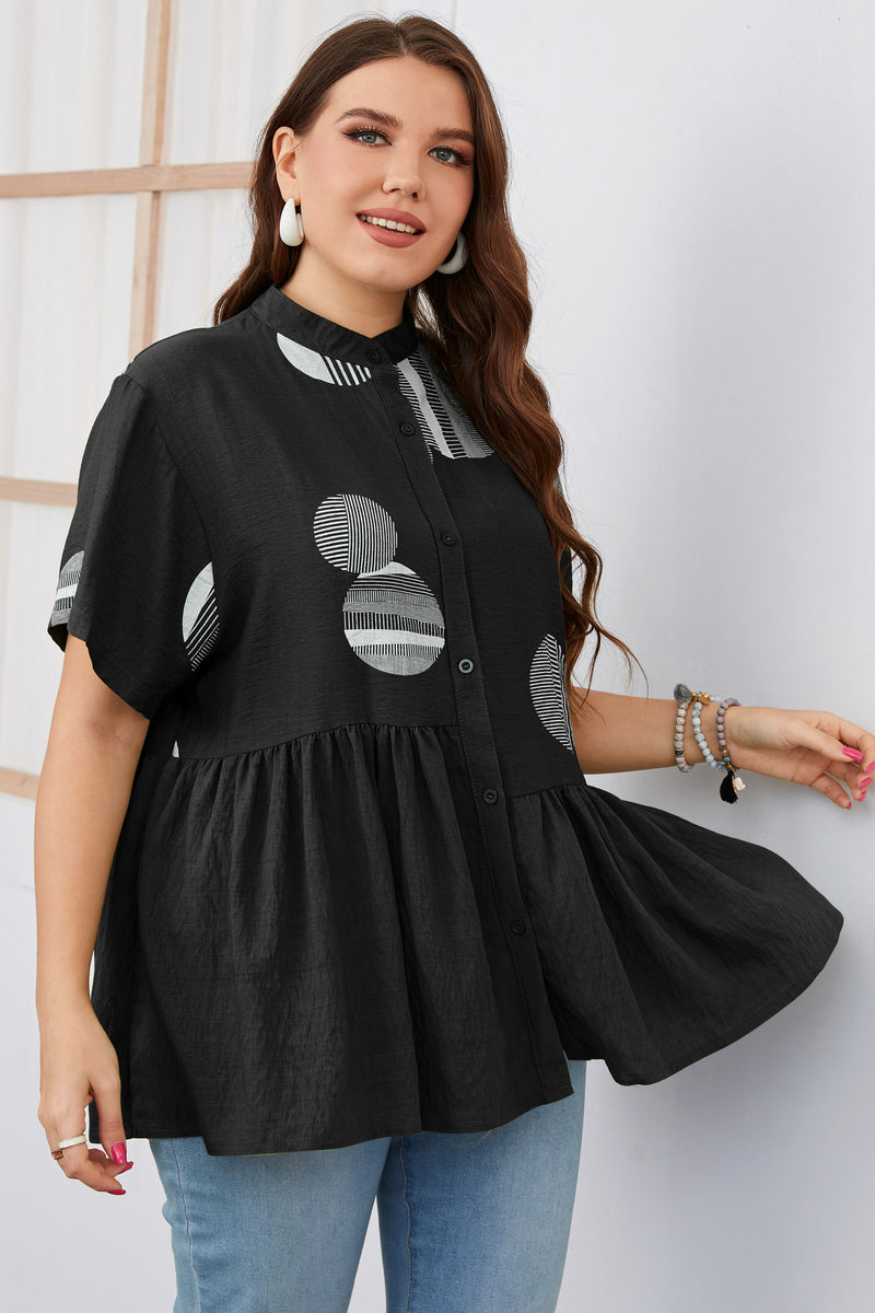 Polka Dot Print Button Short Sleeve Wholesale Plus Size Tops for Women Summer