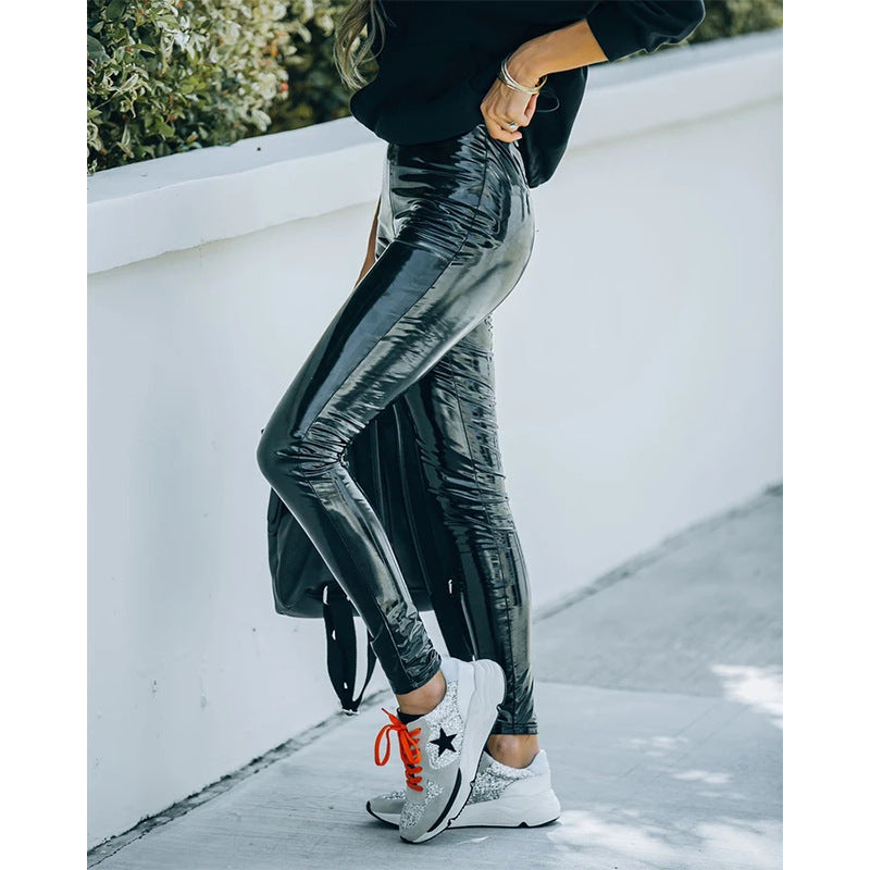 Sexy Slim Glossy PU Leather High Waist Wholesale Pants