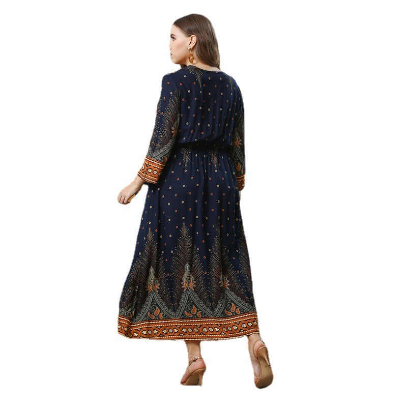 Wholesale Plus Size Women'S Clothing Printed Peacock Pullover Loose V Neck Bohemian Maxi Dress