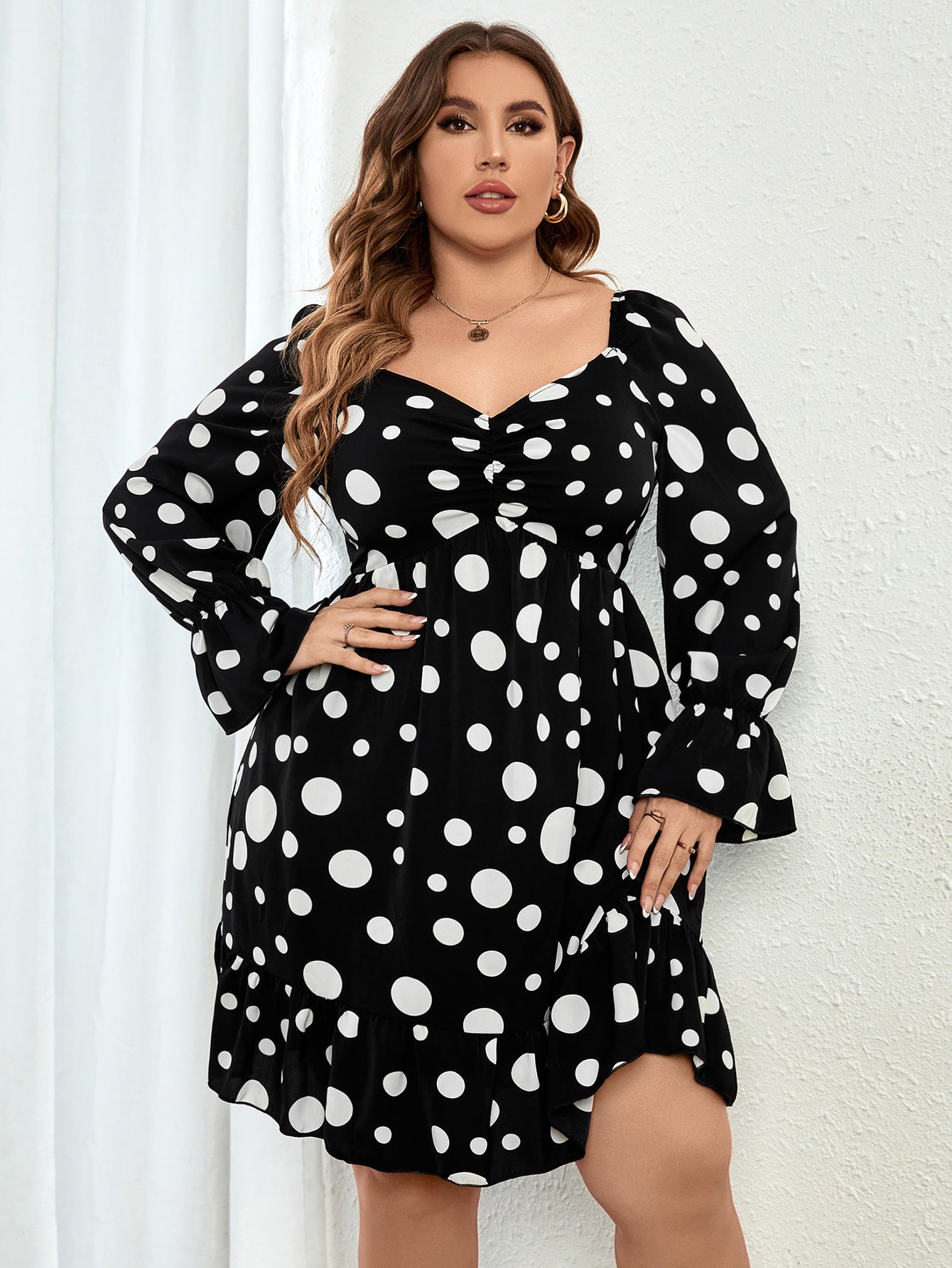 Casual V Neck Long Sleeve Polka Dots Midi A-Line Dress Wholesale Plus Size Clothing