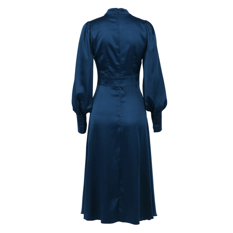 Stand Collar Long Sleeve Cutout High Waist Satin Dress Wholesale Dresses
