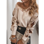 Sexy Cut Out Off-Shoulder V Neck Sequin Stitching Long Sleeve Tops Wholesale Sweatshirts