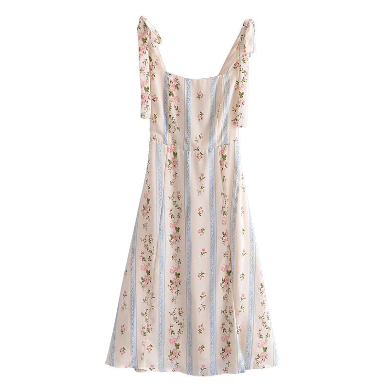 Country Style Floral Print Vintage Sundresses Lace-Up Slim Fit Side Slit Sling Dress Chic Wholesale Dresses