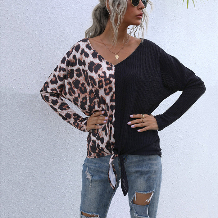 Casual Leopard Knit Tops Loose V-Neck Wholesale Womens Long Sleeve T Shirts