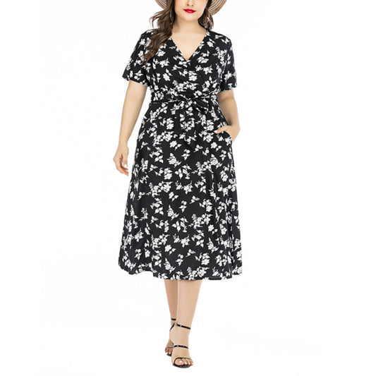 V Neck Casual Short Sleeve Curvy Floral Dresses Wholesale Plus Size Clothing