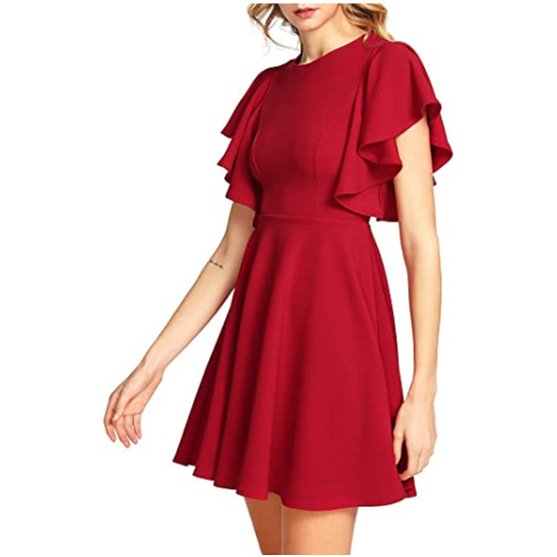 Solid Color Round Neck Lotus Leaf Sleeve Swing Dress Elegant Wholesale Dresses Business Casual Women