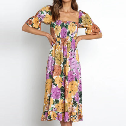 Floral Print Lantern Sleeve Square Neck Vintage Wholesale Swing Dresses