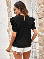 Solid Color Puff Short Sleeve V-Neck Ruched Shirt Wholesale Womens Tops