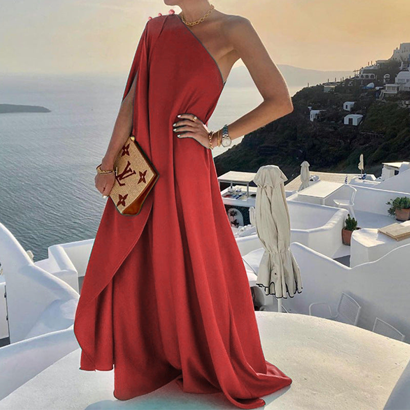 Elegant Sexy Temperament Pure Color One-Shoulder Maxi Dress Wholesale Dresses