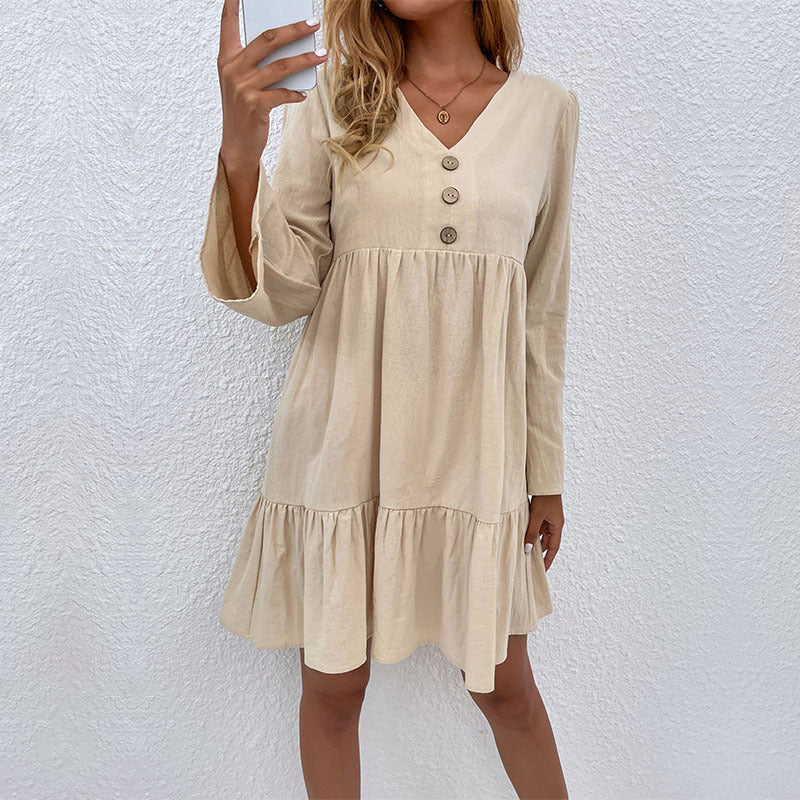 Button Flared Sleeves V Neck Cotton And Linen Dress Women Clothing Wholesale