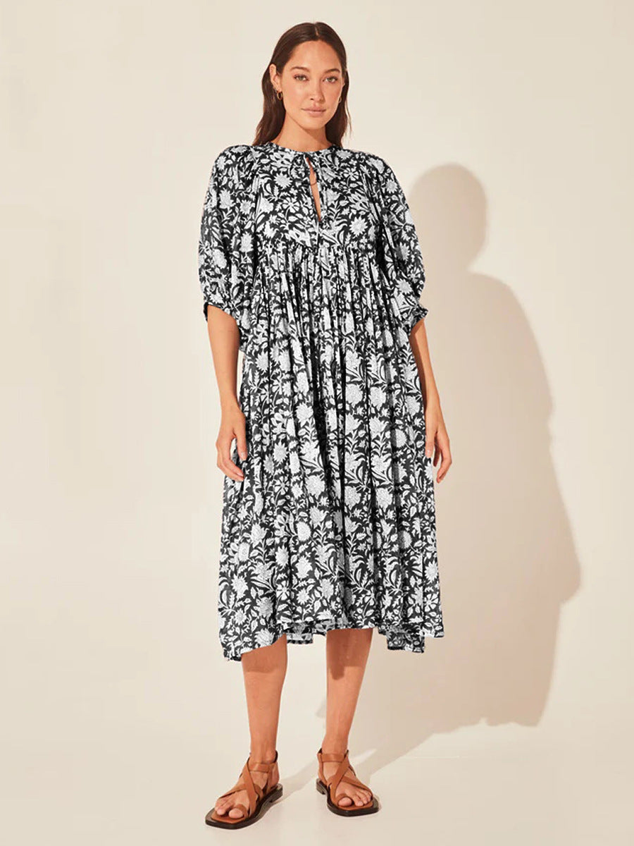 Puff Sleeve Loose Mid-Sleeve Floral Dress Wholesale Dresses