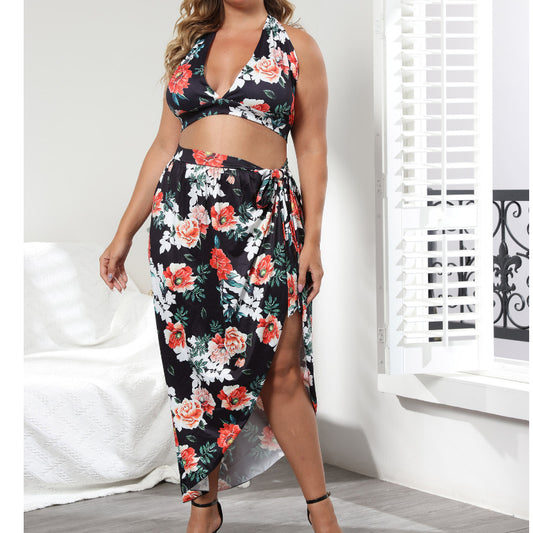 Floral Printed Womens Vacation Curve Bra Tops & Wrap Skirt Beachwear Two-Piece Sets Wholesale Plus Size Clothing