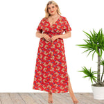 Floral Printed Deep V Slit Short Sleeve Fashion Curve Maxi Dresses Wholesale Plus Size Clothing