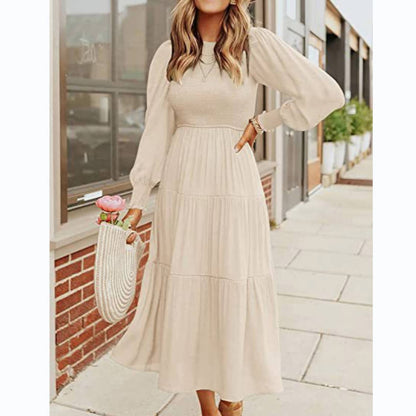 Solid Color Long Sleeve Midi Swing Smocked Dress Wholesale Dresses