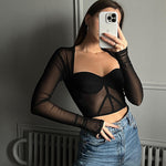 Long Sleeve Square Neck Sexy Mesh Short T-Shirt Wholesale Crop Tops