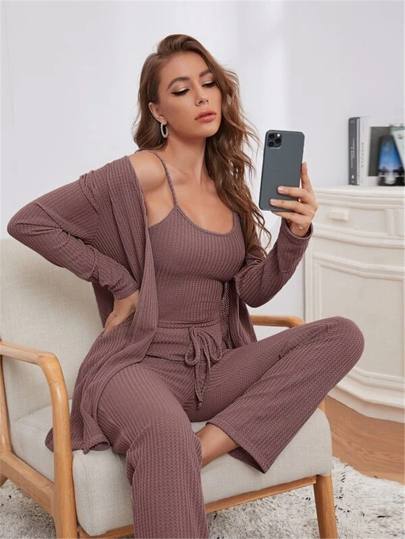 Soft Waffle-Knit Sling Tops & Trousers Pajama 3pcs Sets Women'S Loungewear Wholesale Vendors