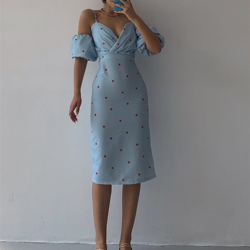 Sexy Low-Cut Print Suspender Dress Slim Midi Wholesale Dresses