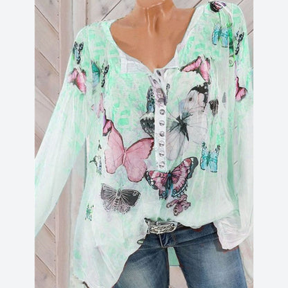 Fashion Loose Chiffon Butterfly Print Button Top V Neck Casual Wholesale Womens Long Sleeve T Shirts