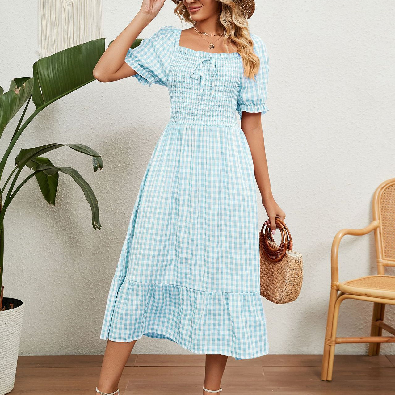 Short Sleeve Square Neck Plaid Flowy Dress Wholesale Maxi Dresses