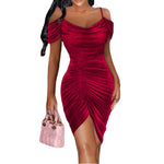 Cold Shoulder Spaghetti Strap Sleeveless Velvet Pleated Drawstring Wholesale Ruched Dresses For Women