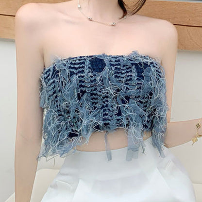 Stylish Niche Denim Stitching Strapless Tube Top Crop Top Wholesale Women Top