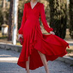 Fashionable Long-Sleeved V-Neck Irregular Ruffled Maxi Dress Wholesale Dresses
