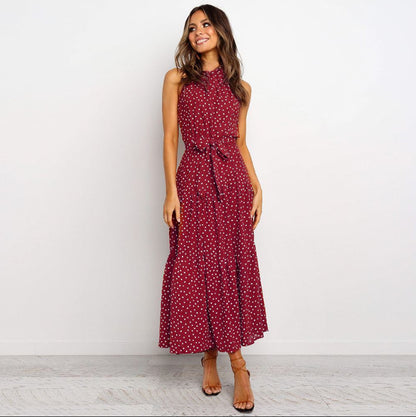 Polka Dot Print Halterneck Lace Up Wide Hem Vacation Vintage Dress Wholesale Maxi Dresses